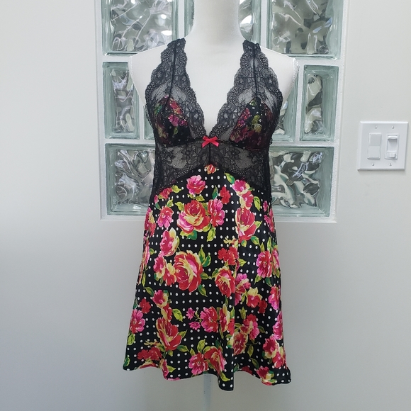 Victoria's Secret Other - Victorias Secret floral lace chemise slip lingerie black red pink polka dots L